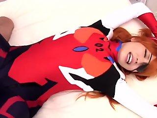 Japanese cosplay redhead cocksucks before sex