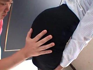 Japanese assistant clothed sex and cumshot